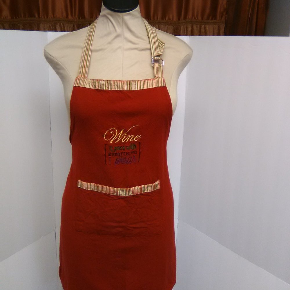 Flirty Women's Apron Says Wine It Goes With Everything I Wear Color Red /Stripe